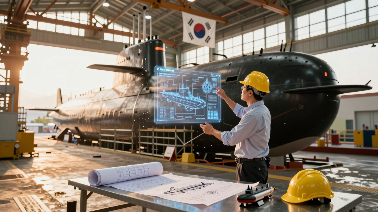 Engenheiro com capacete a projetar eplanos digitais de um submarino numa oficina com bandeira da Coreia do Sul.