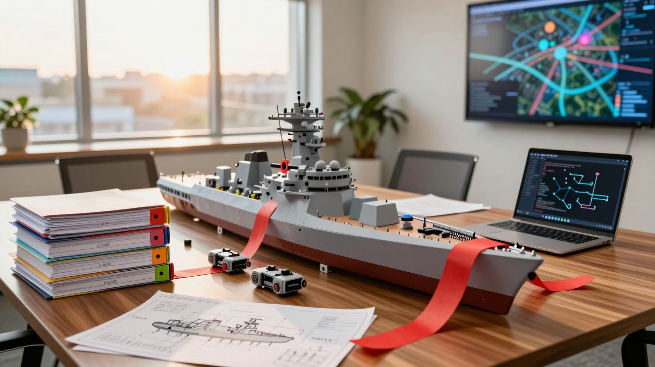 Modelo detalhado de navio de guerra sobre mesa de escritório com azulprints, pastas e ecrãs digitais ao fundo.