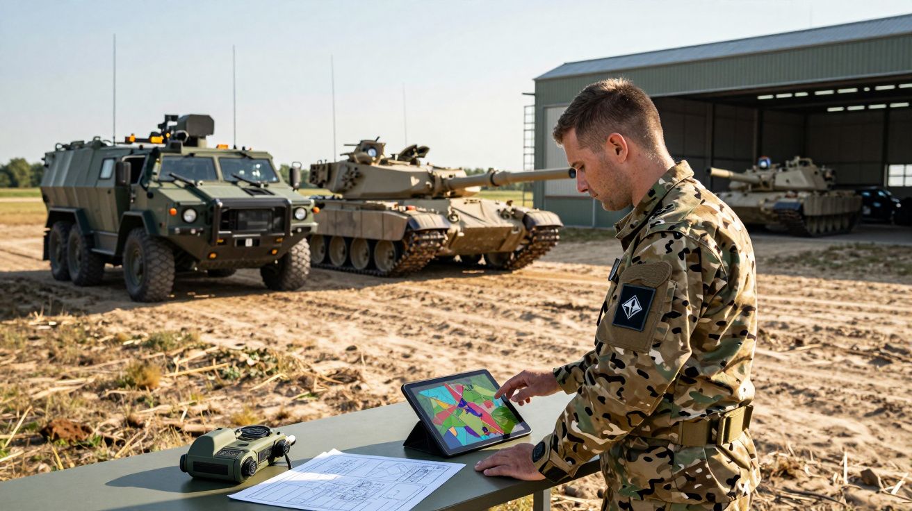 Soldado em uniforme camuflado utiliza tablet em mesa ao ar livre com tanque militar e veículo blindado ao fundo.