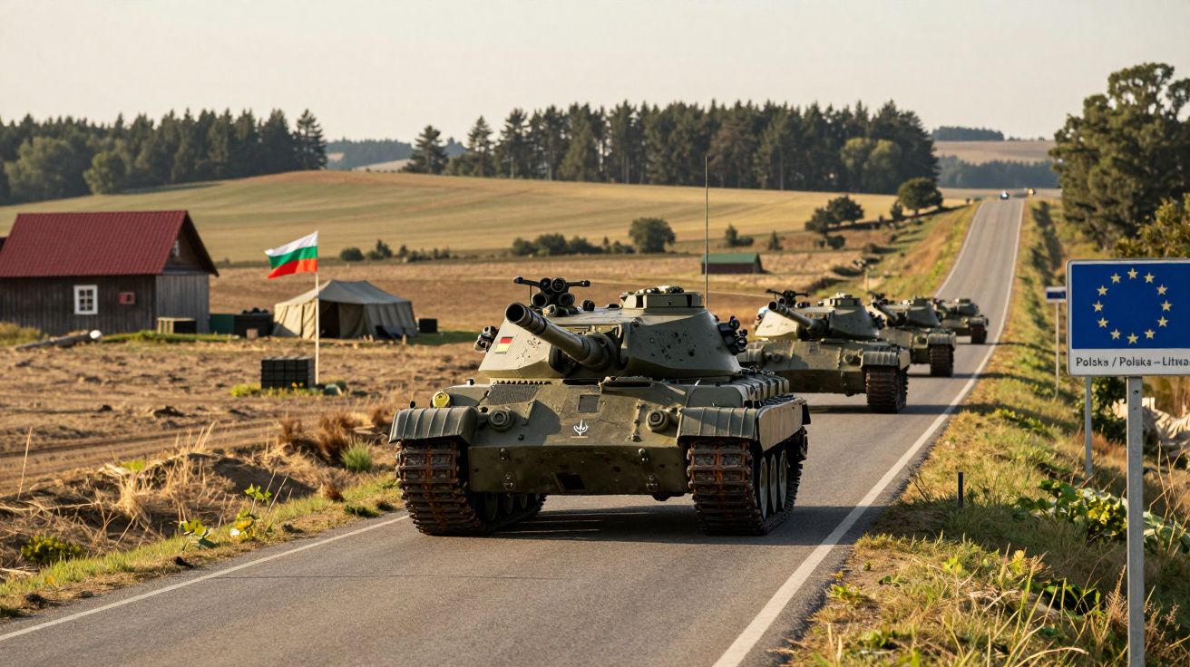 Coluna de tanques militares em estrada rural, perto da fronteira da União Europeia, com bandeira da Bulgária ao lado.