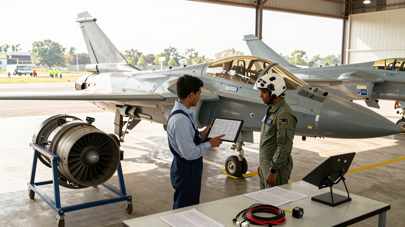 Dois profissionais em hangar militar junto a caça, com motor desmontado e equipamento técnico sobre bancada.