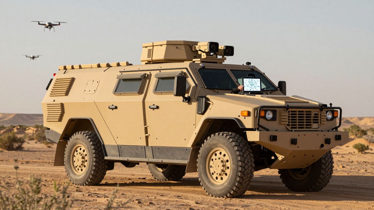 Veículo militar blindado bege em terreno de deserto com dois drones voando ao fundo.