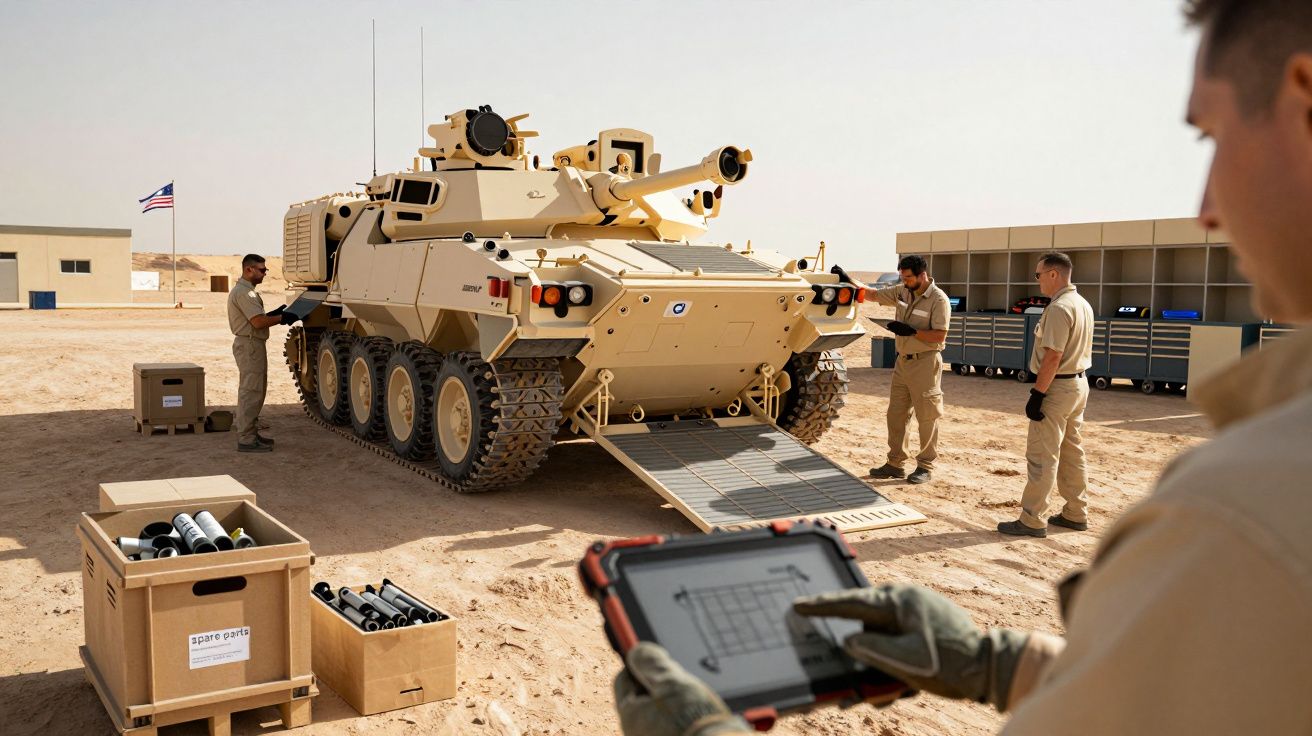 Soldados inspeccionam e carregam material numa viatura blindada em ambiente desértico com bandeira americana ao fundo.