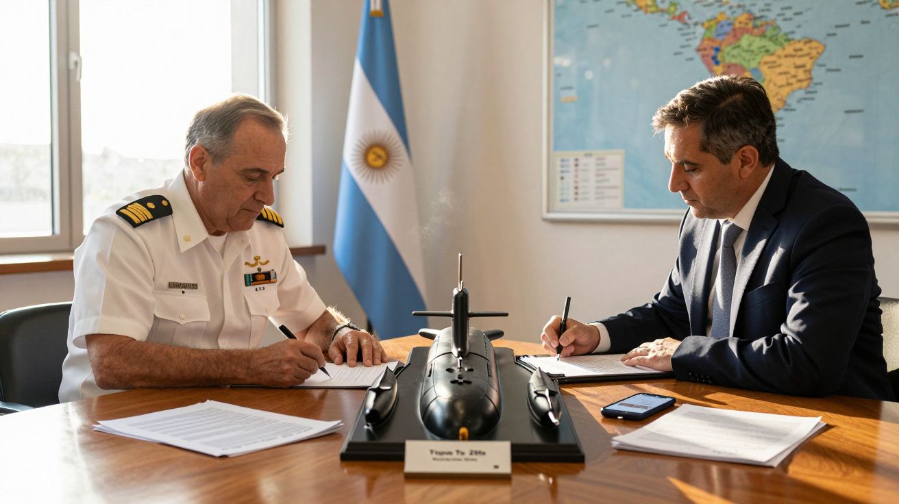 Dois homens, um oficial naval e outro de fato, assinam documentos numa mesa com modelo de submarino e bandeira da Argentina a