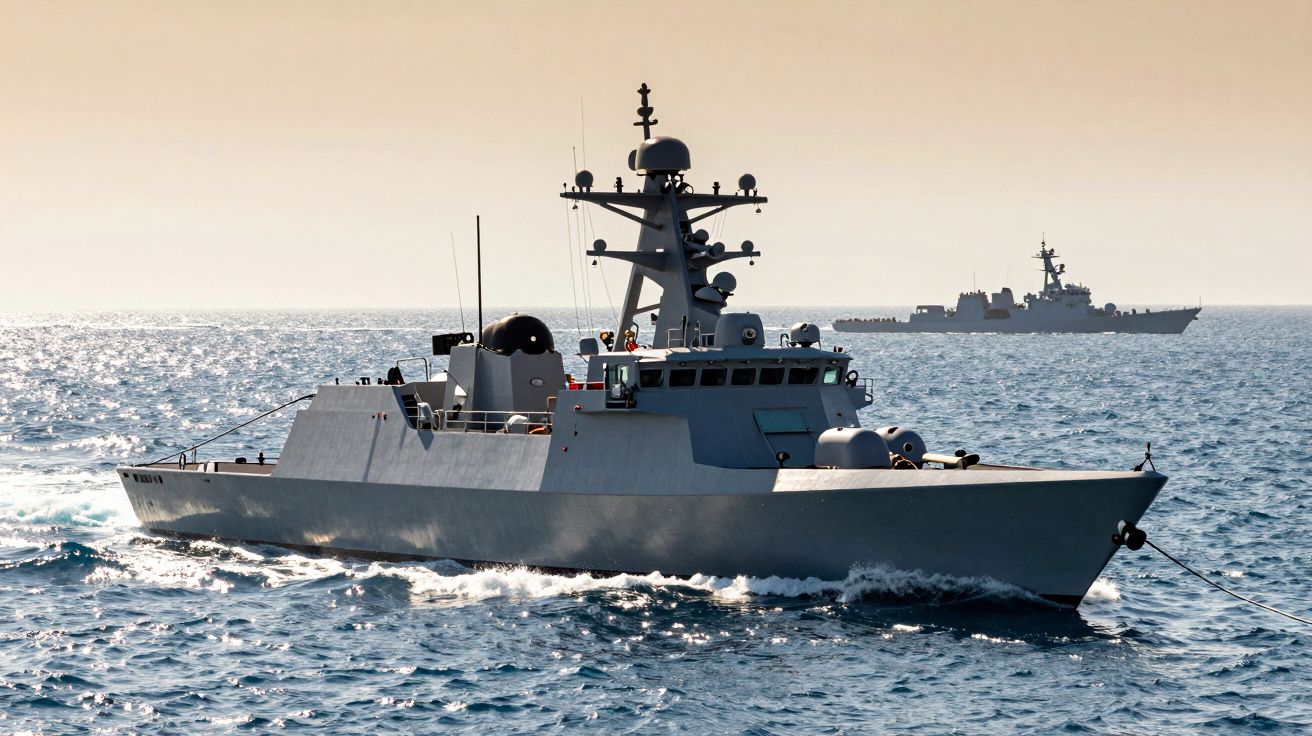 Dois navios militares a navegar em mar calmo com céu claro ao fundo.