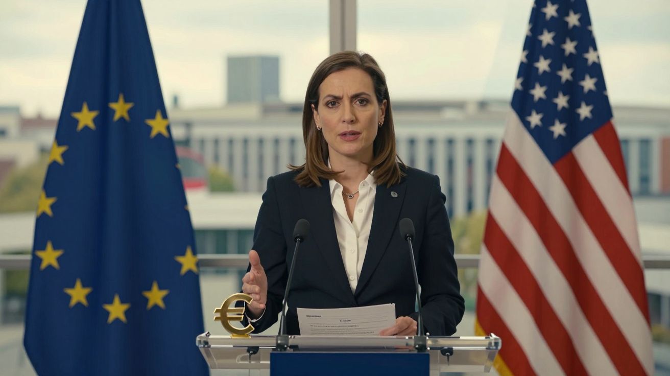 Mulher em fato formal fala num púlpito com bandeiras da União Europeia e dos Estados Unidos ao fundo.