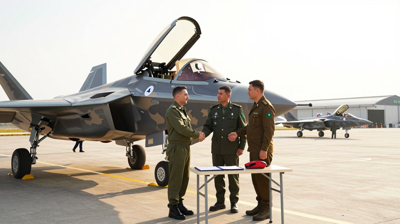 Três militares em uniforme cumprimentam-se junto a jato militar numa pista de avião com hangar ao fundo.