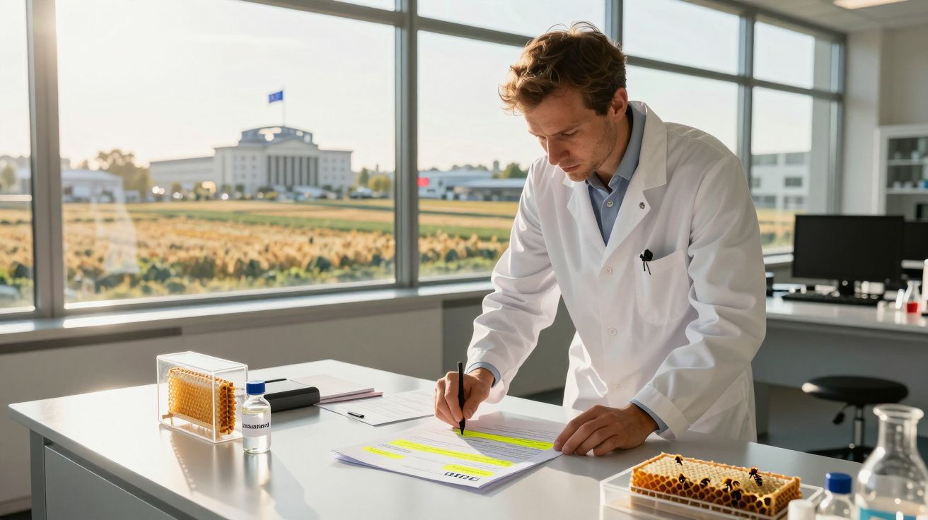 Cientista em bata branca destaca dados em documentos num laboratório com colmeias artificiais na mesa.