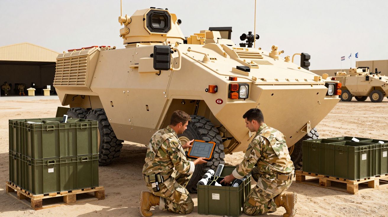 Dois soldados em uniforme camuflado manuseiam equipamentos junto a um veículo militar blindado bege no deserto.