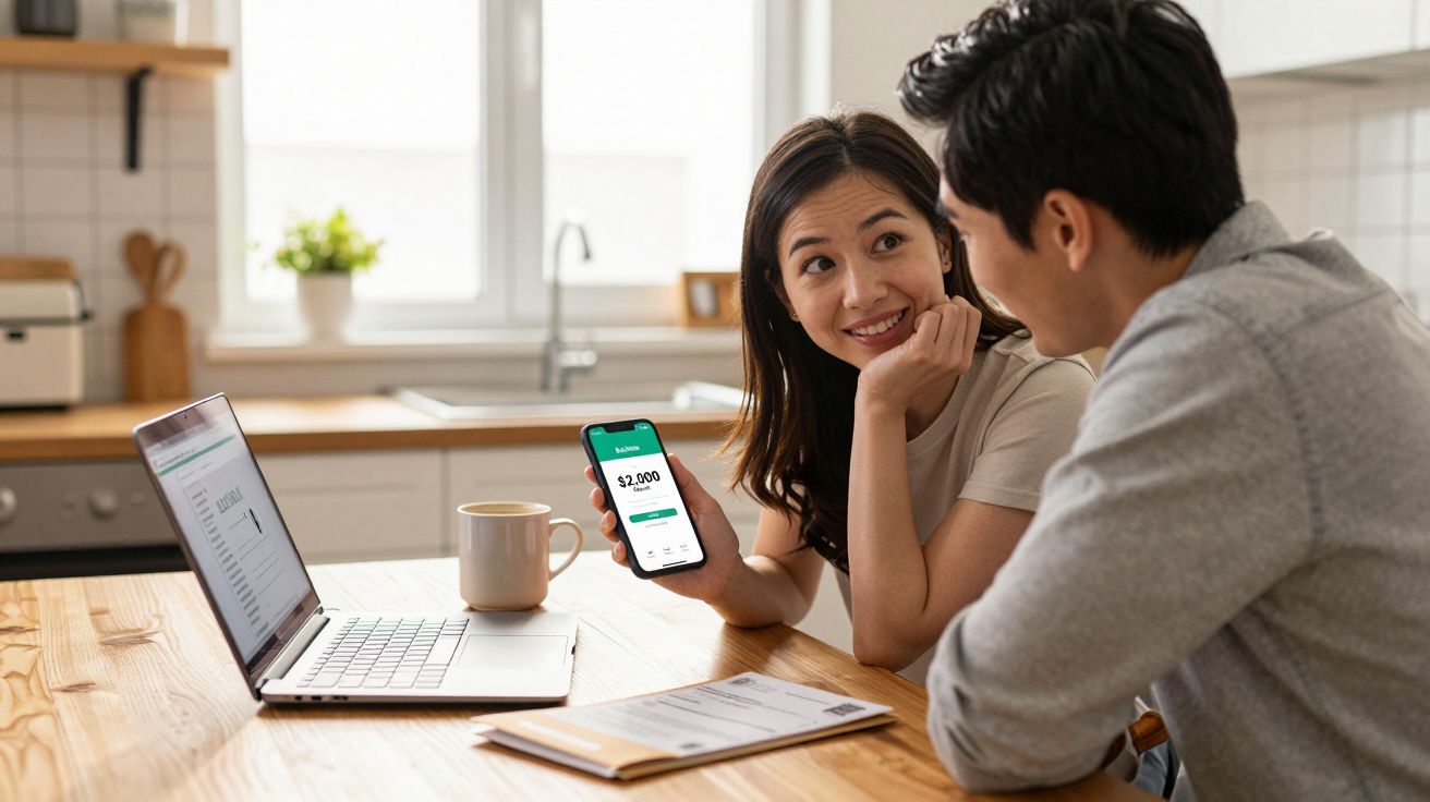 Casal asiático sentado à mesa da cozinha, mulher mostra ecrã de telemóvel ao homem, laptop e documentos na mesa.
