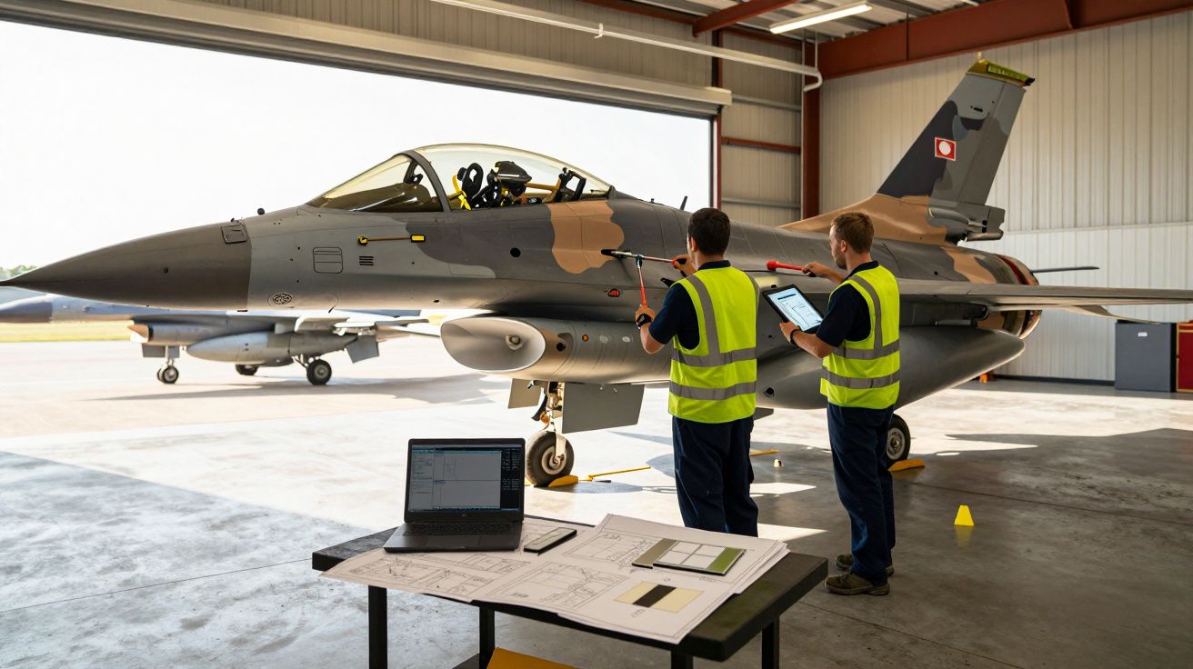 Dois técnicos em coletes refletivos inspecionam um jato militar camuflado dentro de um hangar.