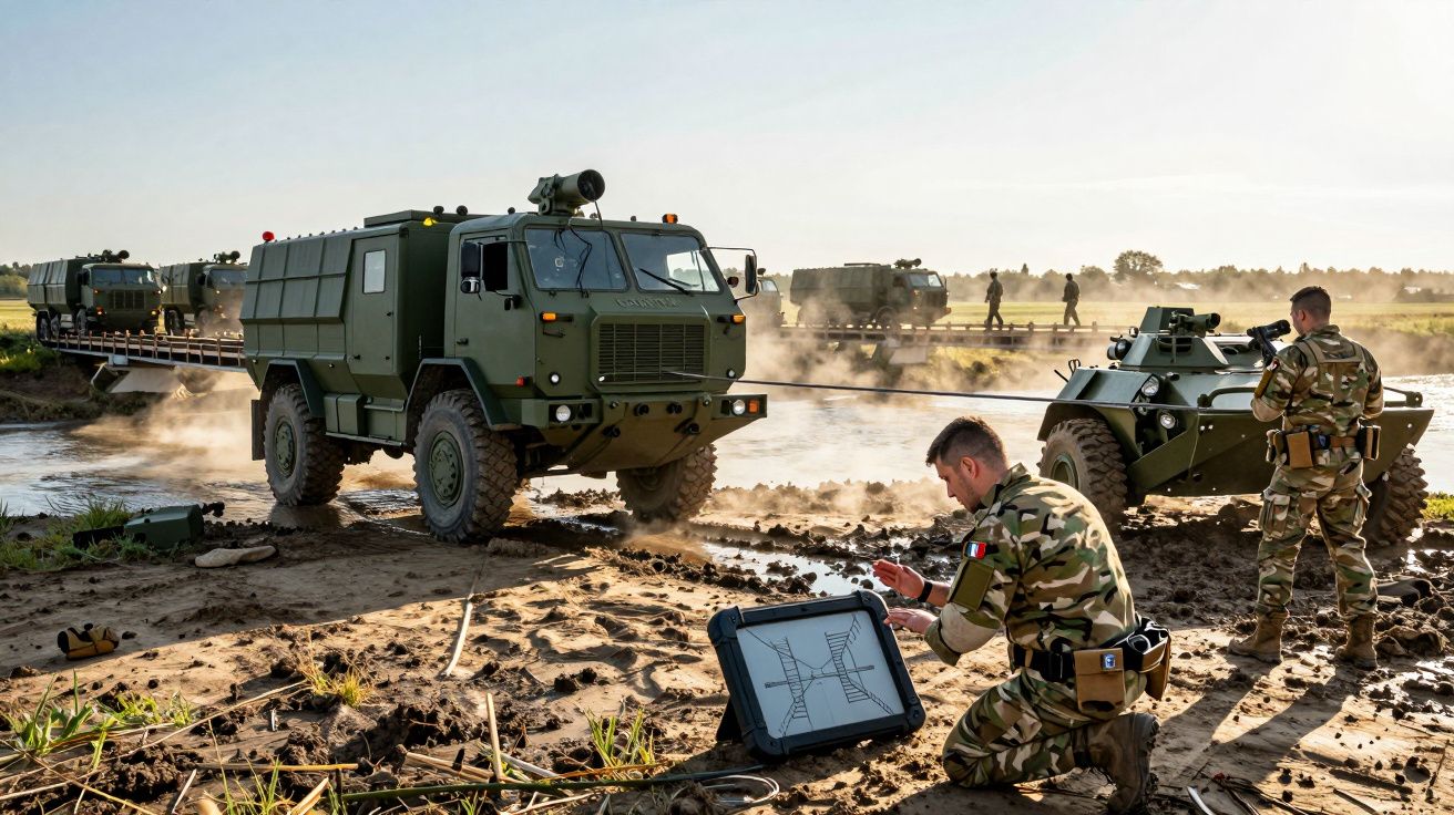 Soldados operam veículos militares em terreno lamacento próximo a rio, com equipamentos eletrónicos e armamento, ao entardece