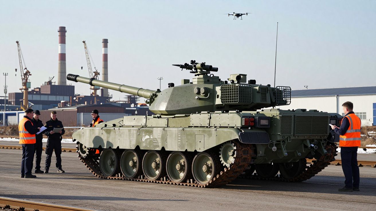 Tanque militar verde com drone a voar e quatro homens de coletes laranja em área industrial.