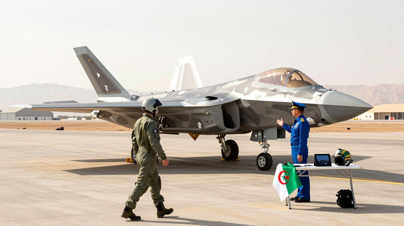 Avião de caça F-35 camuflado na pista com piloto a caminhar e oficial a apontar detalhes junto a bandeira da Argélia.
