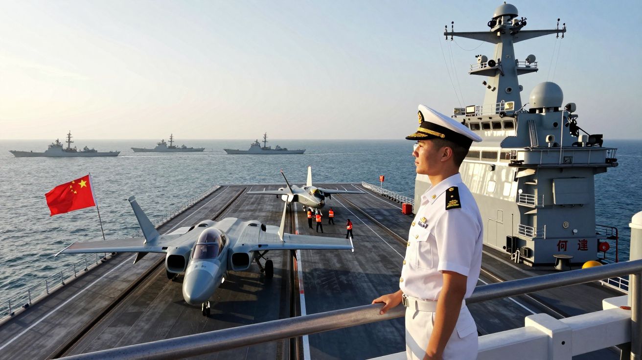Marinheiro em uniforme branco observa porta-aviões chinês com jatos e navios no horizonte durante o dia.