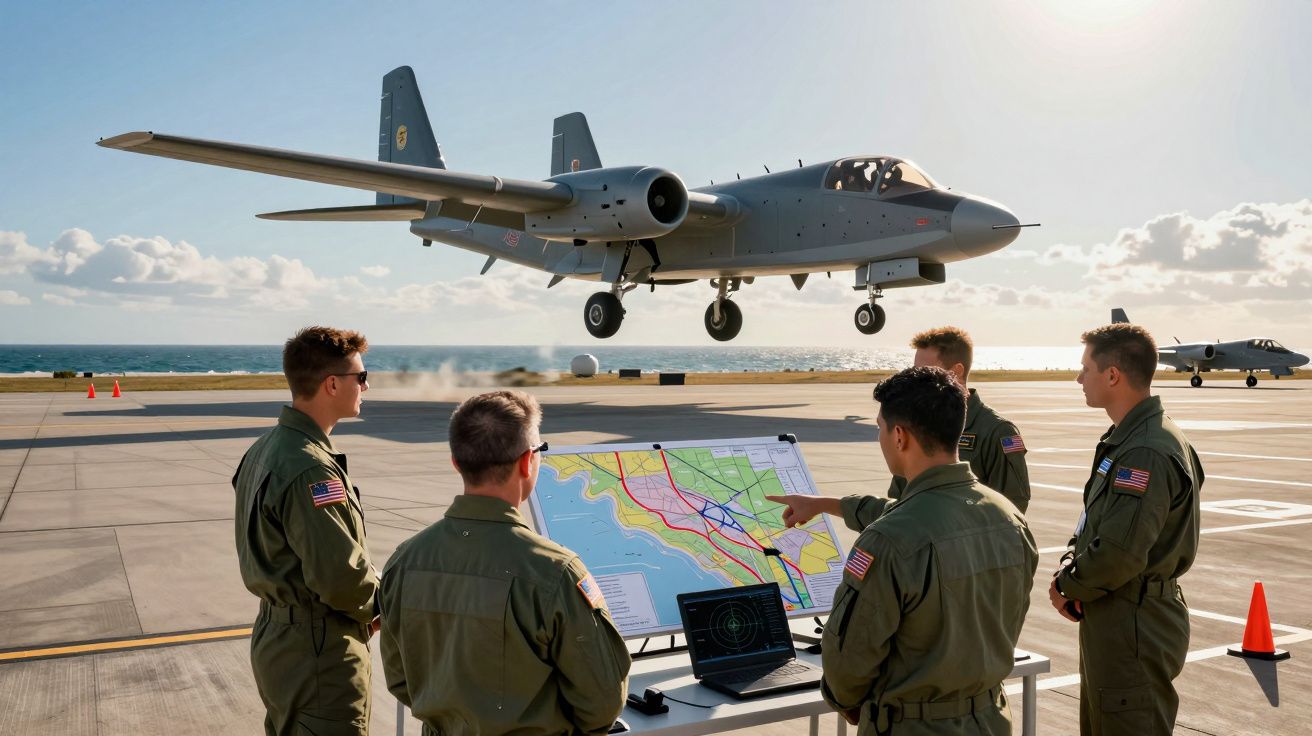 Cinco militares observam mapa e computador num porta-aviões enquanto avião militar descola ao fundo.