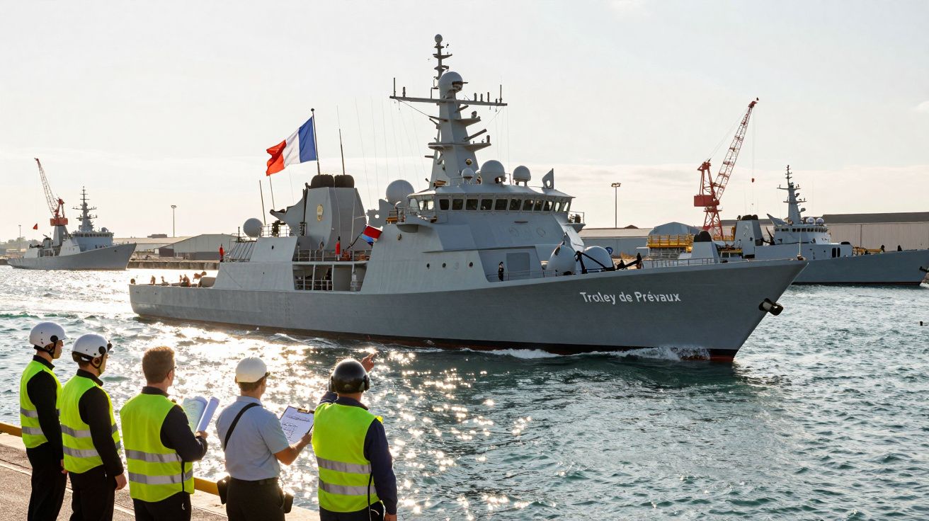 Navio militar francês Trolley de Prévaux a aproximar-se do cais com pessoas em coletes refletivos a observar.