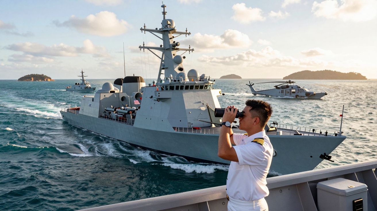 Oficial naval observa com binóculos enquanto fragata e helicóptero passam no mar durante o pôr do sol.