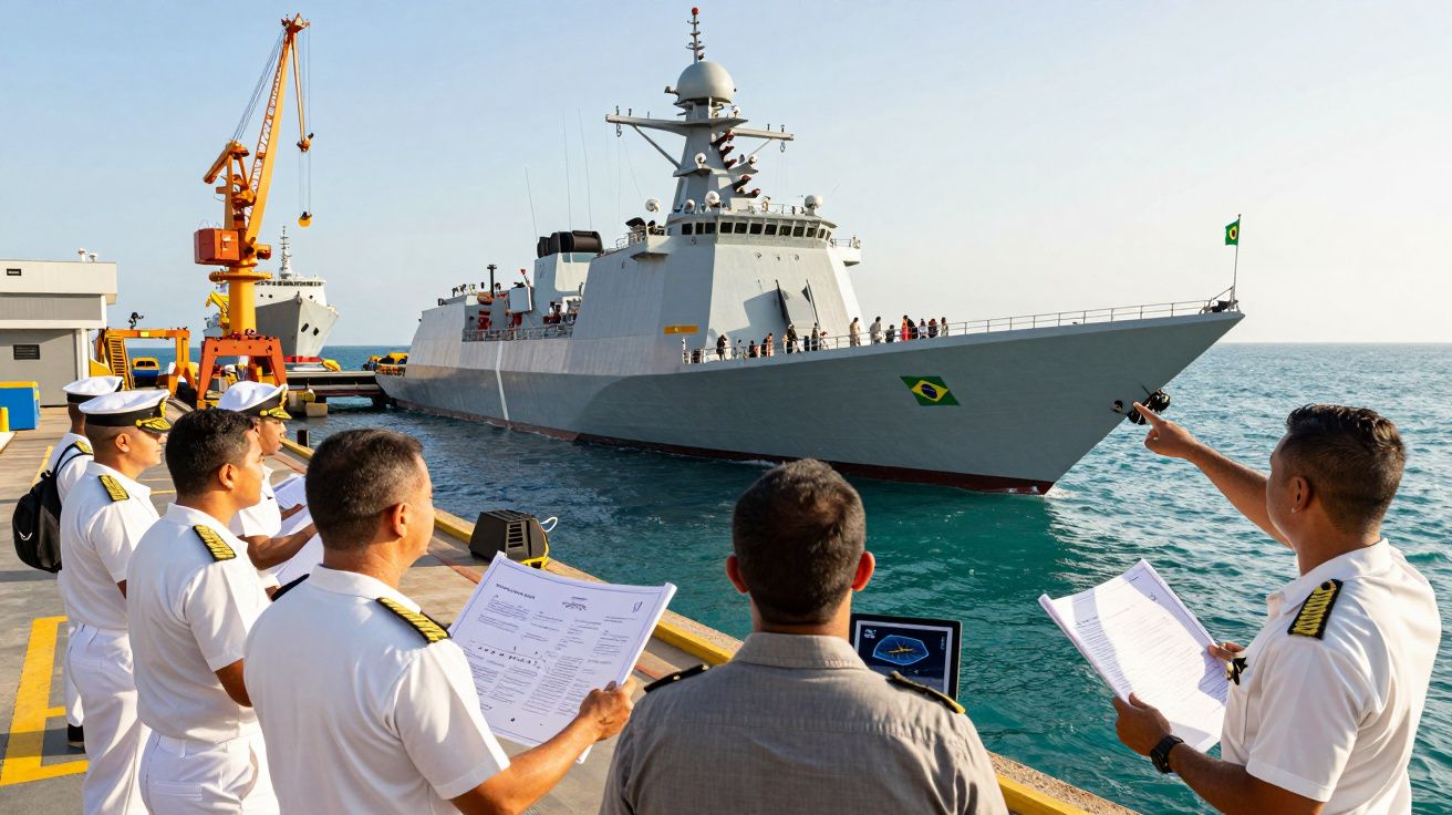 Oficiais da marinha brasileira em cais observam navio de guerra atracando no porto sob céu claro.