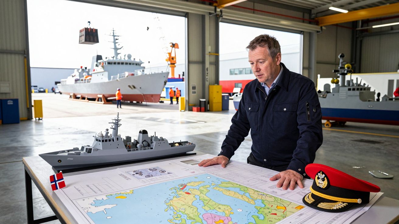 Homem observa mapa náutico numa mesa com modelo de navio e chapéu de oficial, ao fundo doca com navio real.