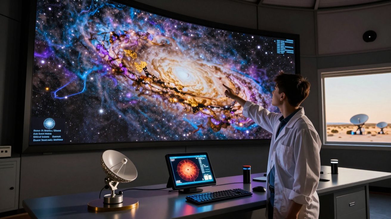 Cientista em laboratório a apontar para imagem digital de galáxia num ecrã grande.