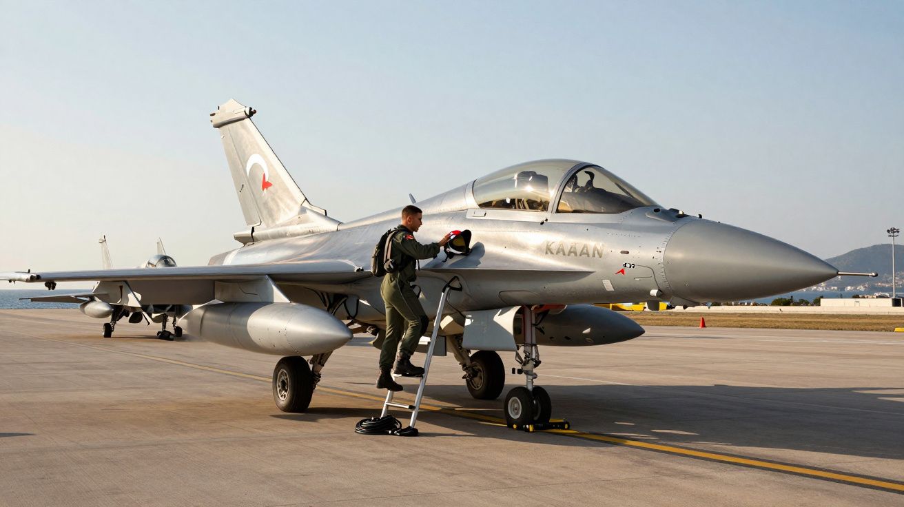 Piloto militar com fato verde está a subir a escada para entrar num caça no campo de aviação ao entardecer.