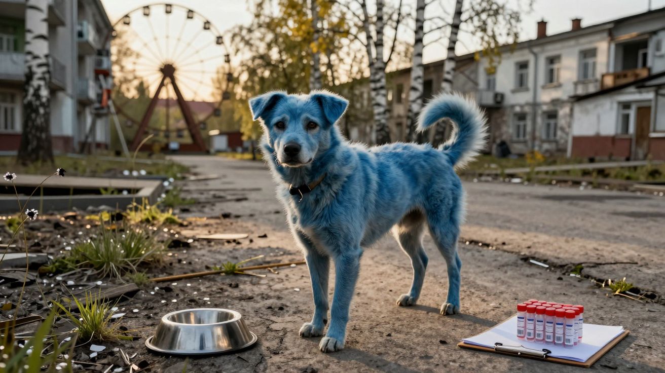 Cão azul em rua com prato de água, clip de tubos de ensaio e roda gigante ao fundo ao pôr do sol.