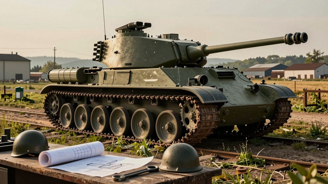 Tanque militar verde estacionado em linha de comboio com capacetes, plantas e plantas em volta.