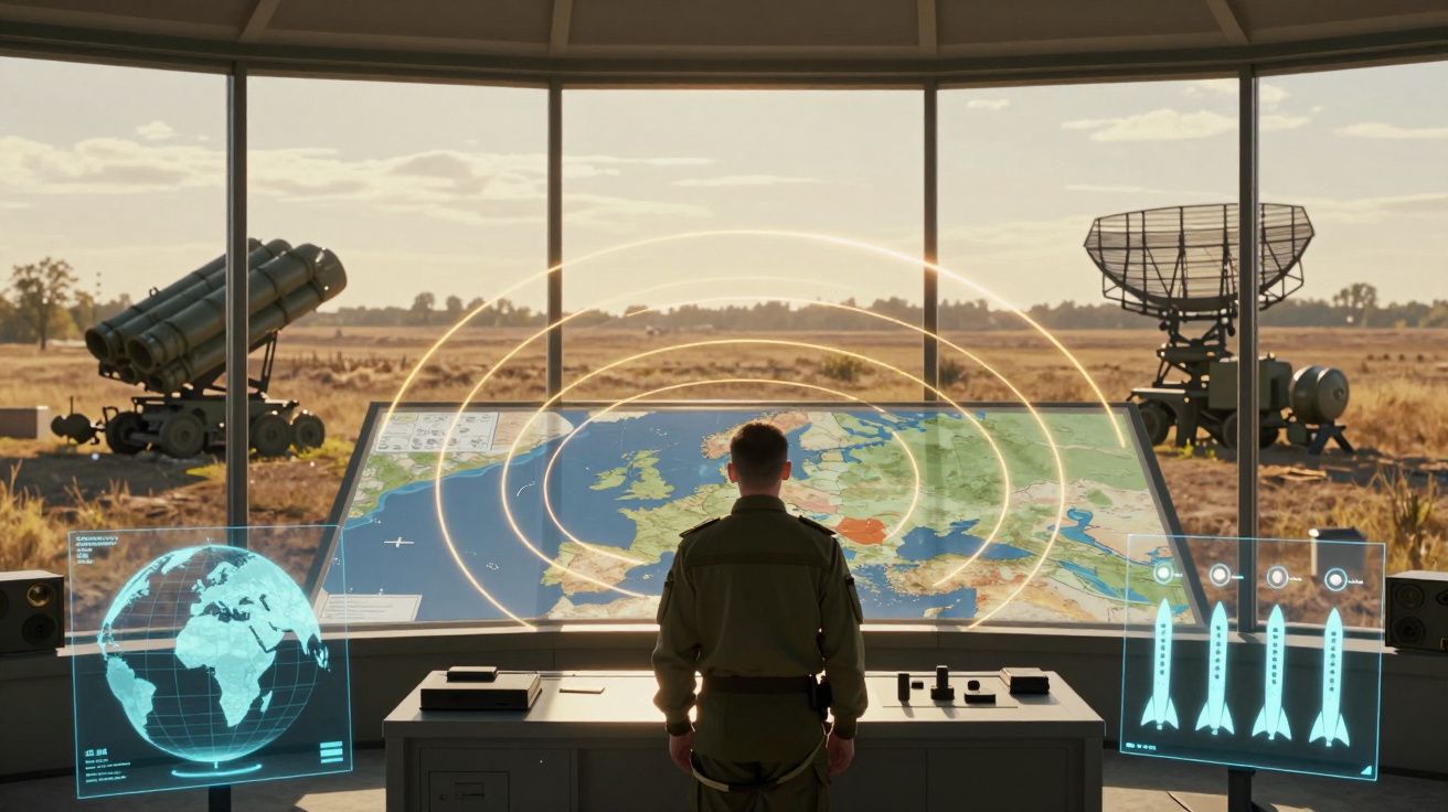 Militar observa mapas digitais e sistemas de radar numa base militar com equipamentos de defesa ao fundo.