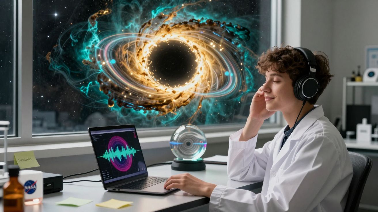 Cientista com auscultadores num laboratório a analisar ondas sonoras no computador com buraco negro no ecrã.