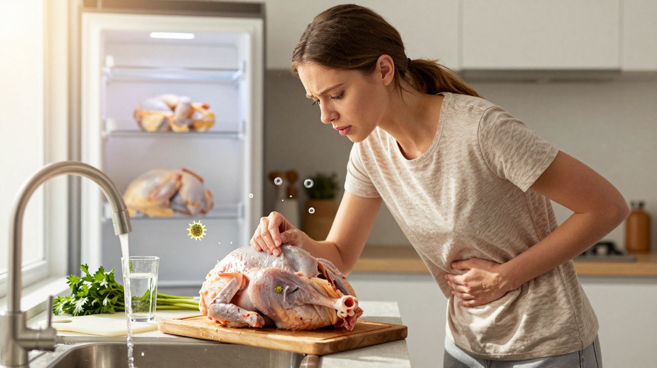 Mulher na cozinha com dor a segurar o estômago e examinar um frango cru com vírus visíveis à sua frente.