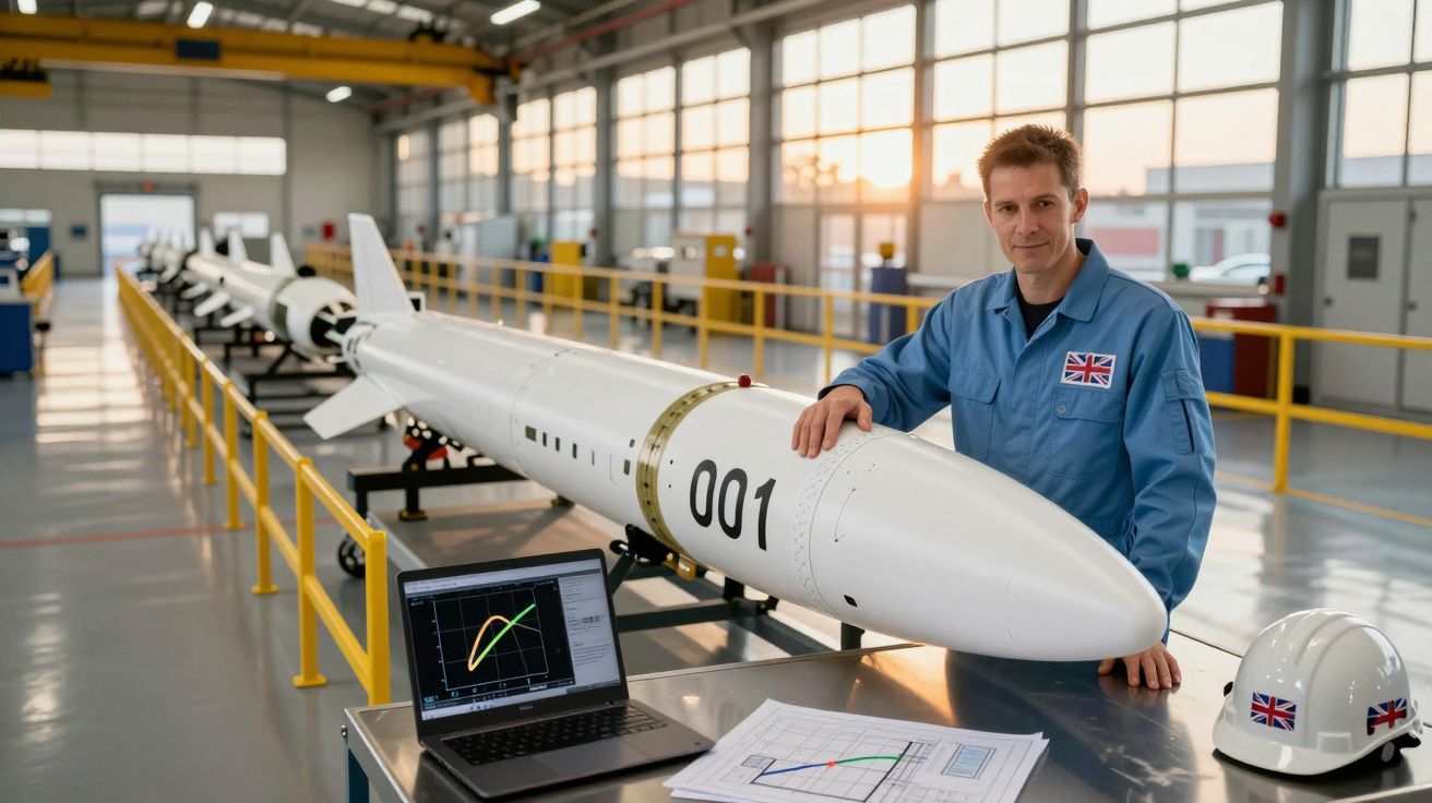 Engenheiro com fatos azuis ao lado de foguete branco num laboratório com computador e capacete.