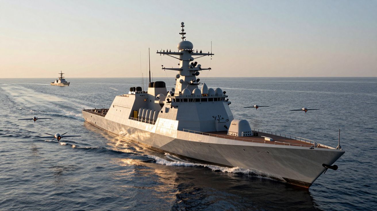 Fragata militar navegando no mar acompanhada por drones voadores e outro navio ao fundo.