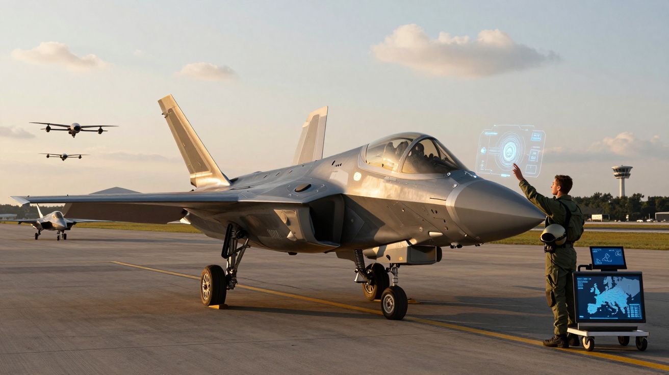 Jato militar estacionado na pista com piloto interagindo com hologramas digitais ao pôr do sol.