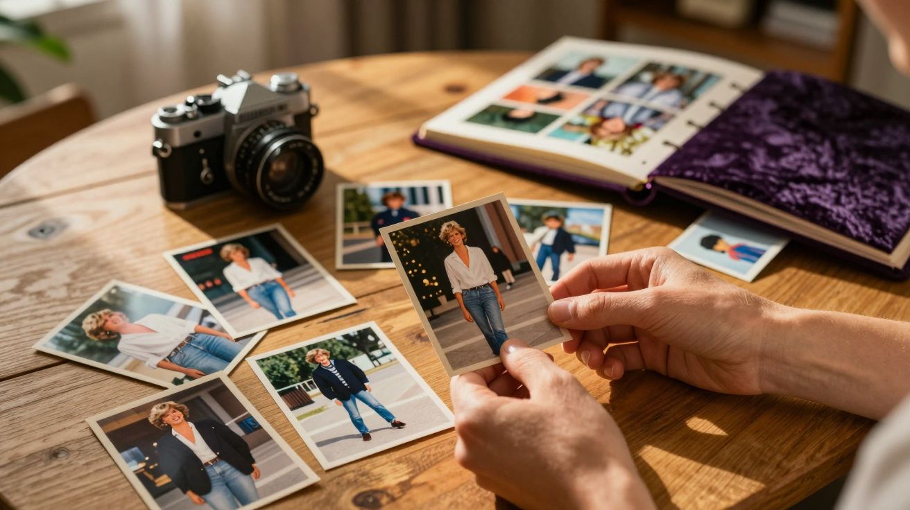 Mãos seguram fotografia antiga de mulher à frente de várias fotos e câmara sobre mesa de madeira.