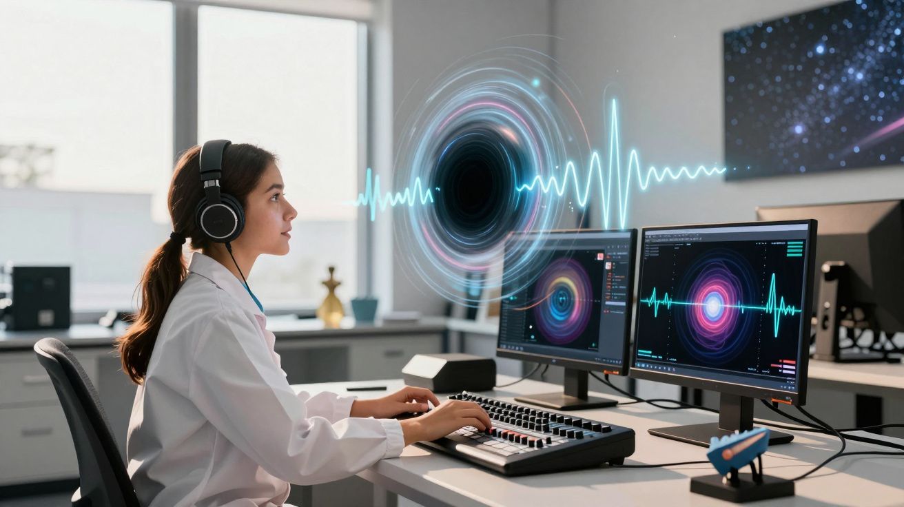 Mulher com auscultadores brancos analisa ondas sonoras e buraco negro em computadores num laboratório moderno.