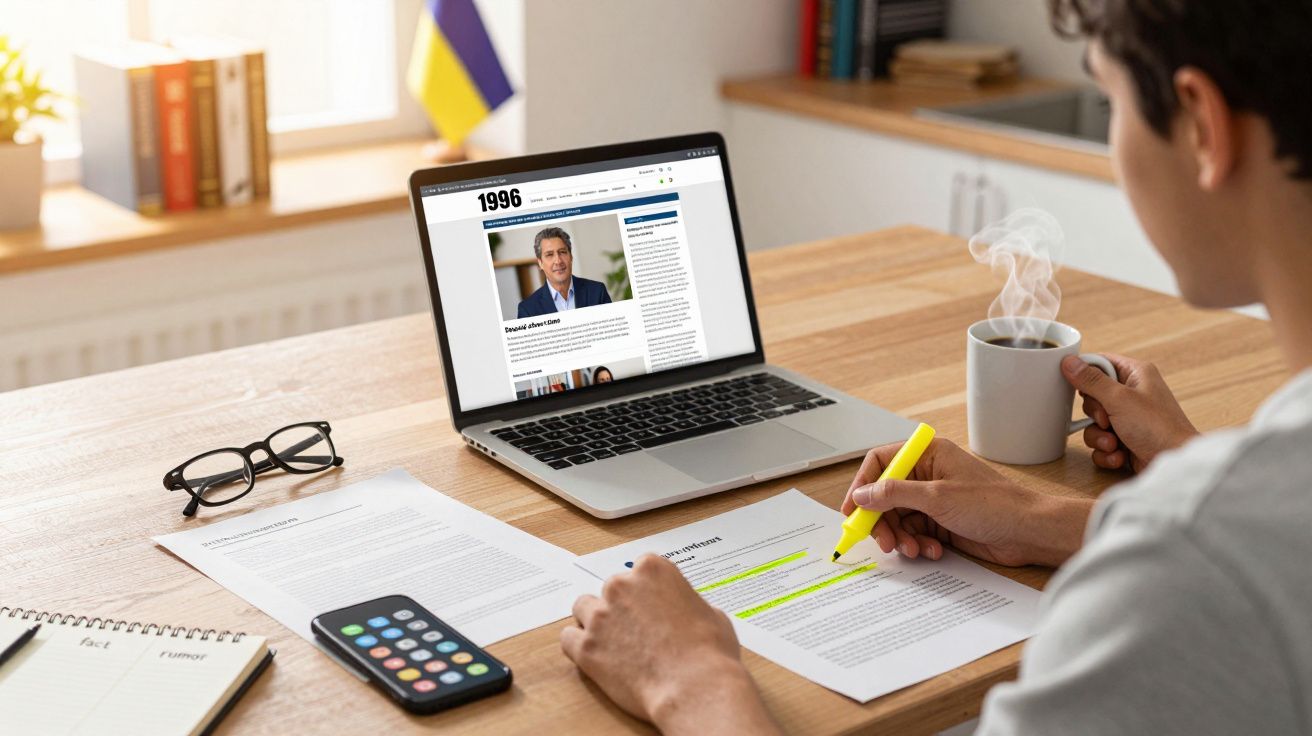 Pessoa a destacar texto num documento com marcador amarelo, a estudar com computador e beber café quente numa mesa.