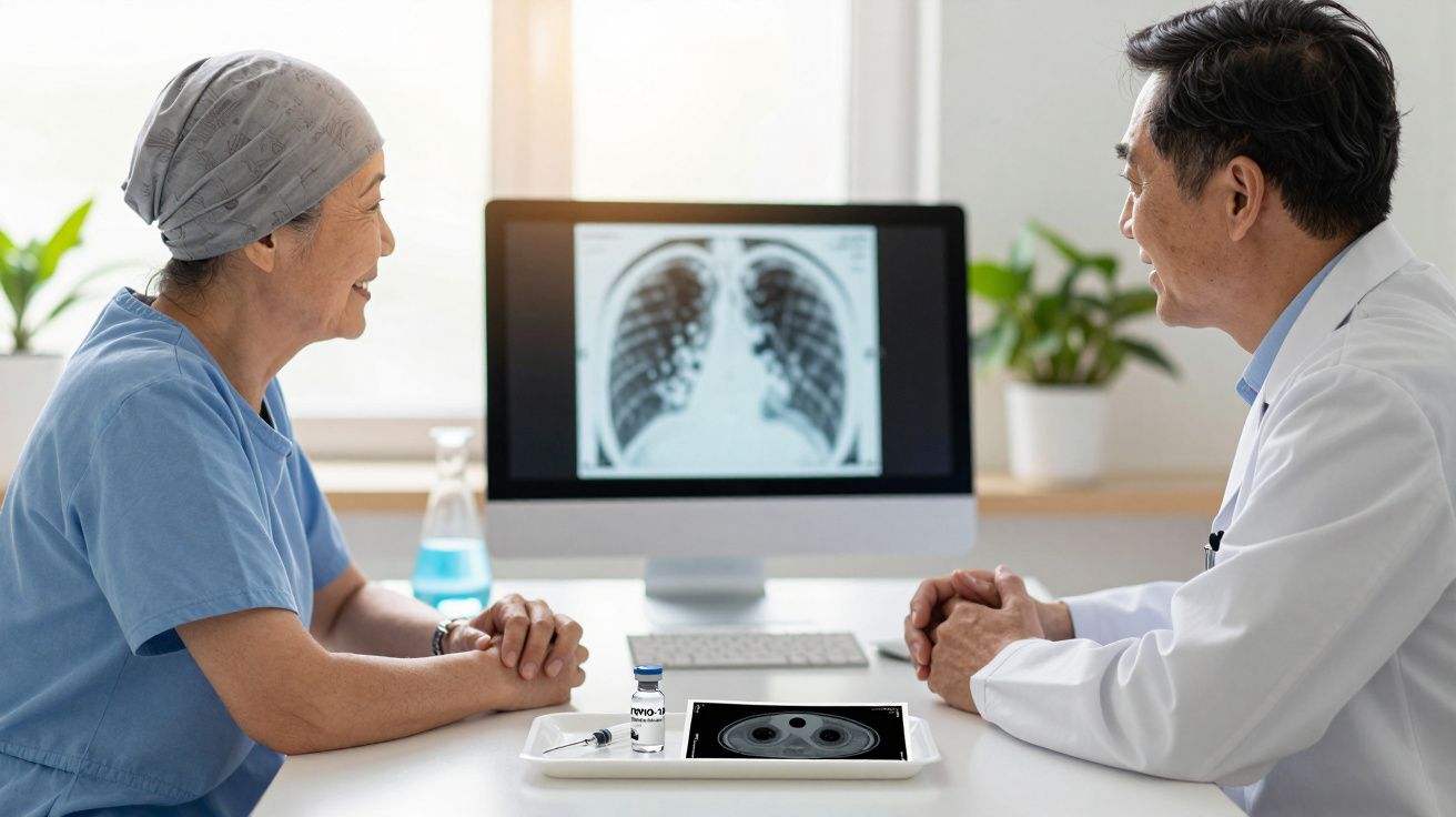 Paciente oncológica conversa com médico sobre exames de radiografia do tórax num consultório.