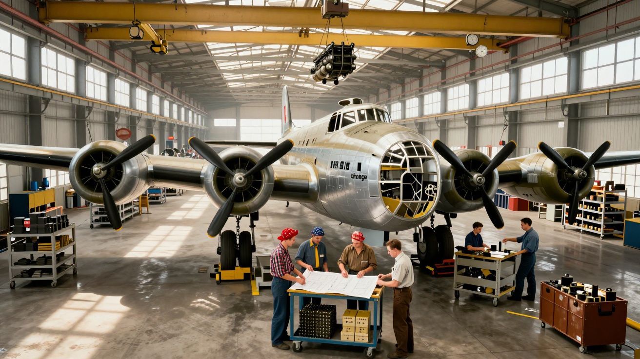 Avião militar antigo em hangar com cinco trabalhadores a analisar planos e equipamentos em redor.
