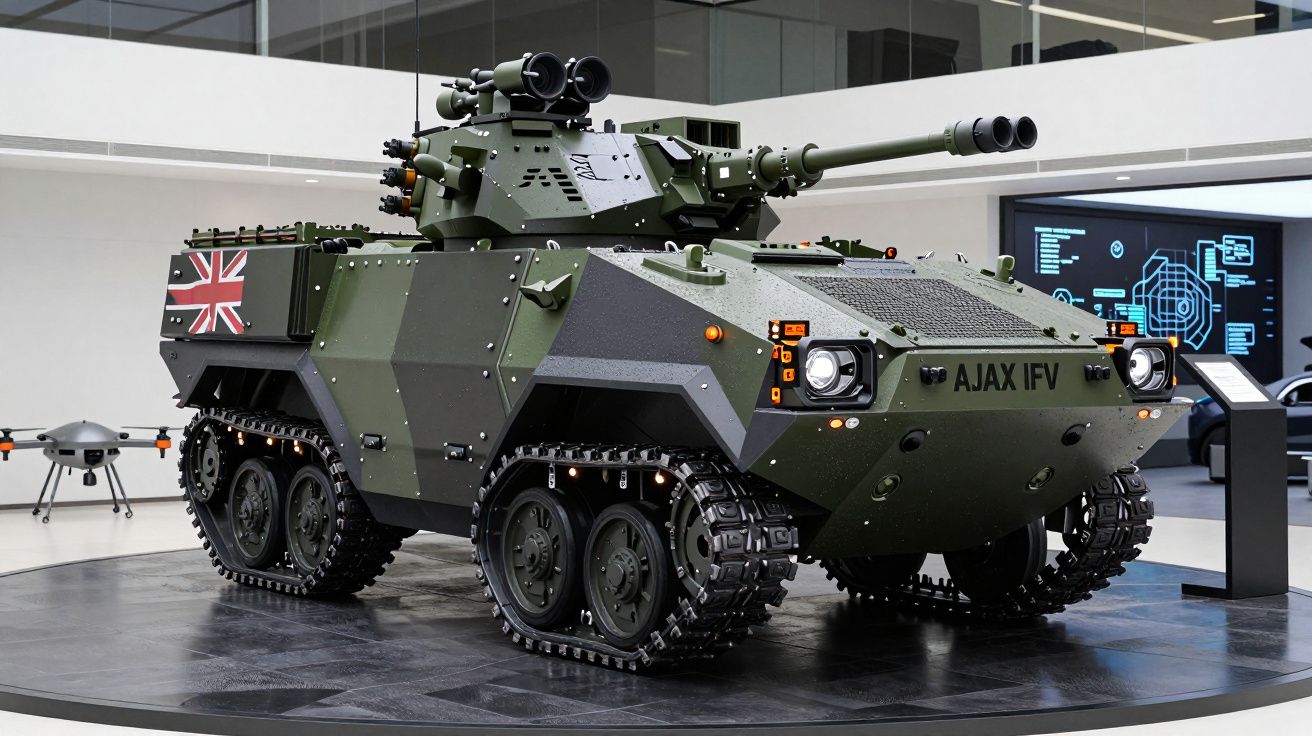 Veículo blindado militar verde com lagartas, canhão e bandeira do Reino Unido em exposição interior.