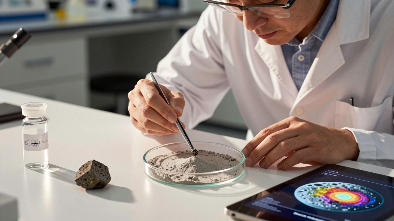 Cientista examina amostra de pó cinzento em placa de Petri com pinça num laboratório.