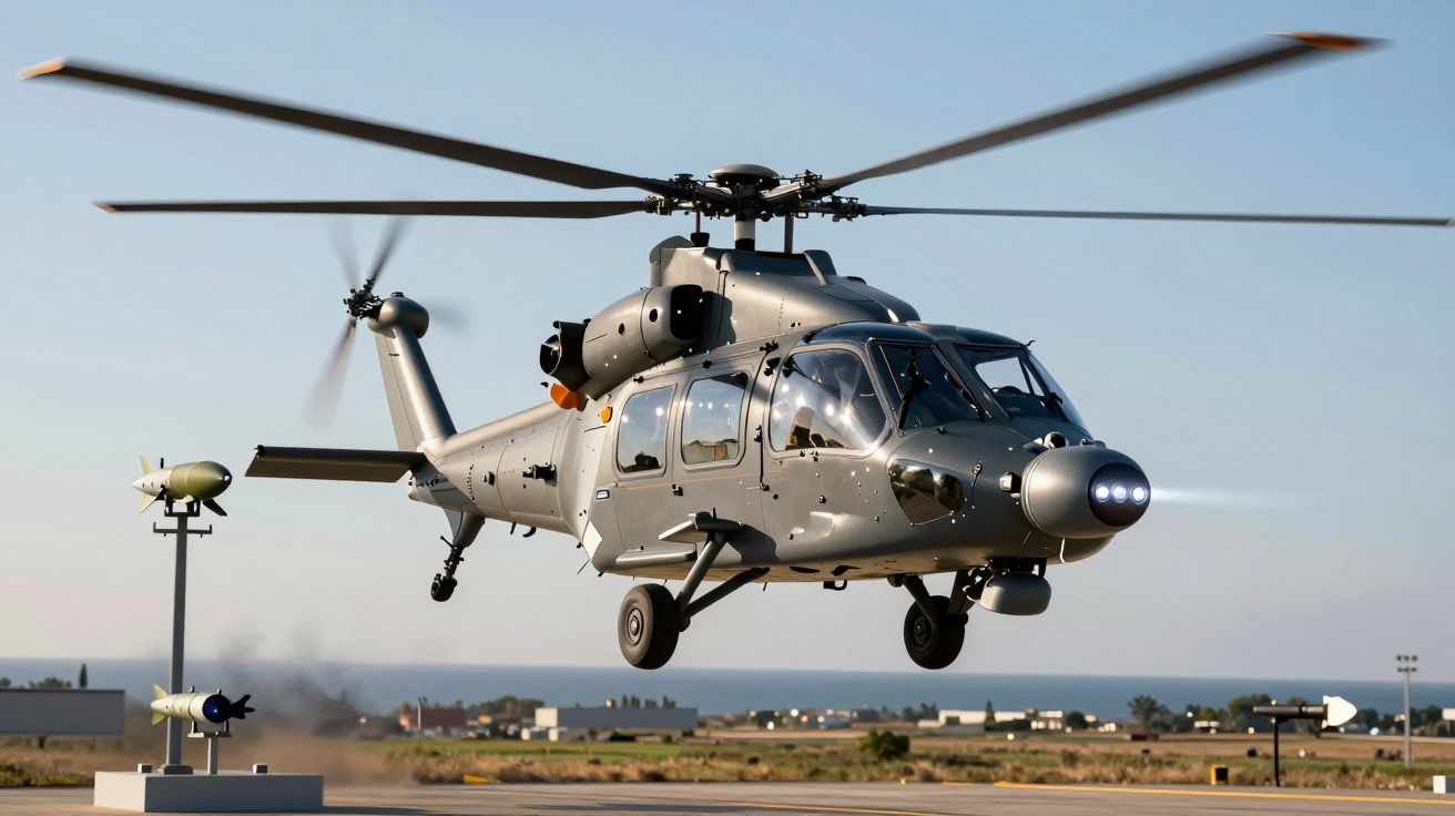 Helicóptero militar cinzento em voo baixo sobre pista de aterragem com mísseis e paisagem ao fundo.