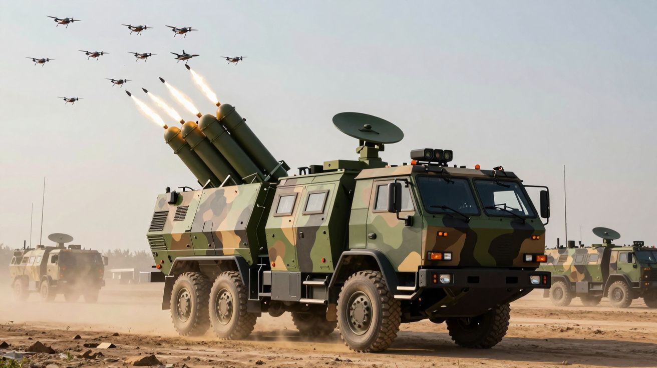 Veículo militar camuflado a disparar mísseis com drones a voar acima num terreno arenoso.