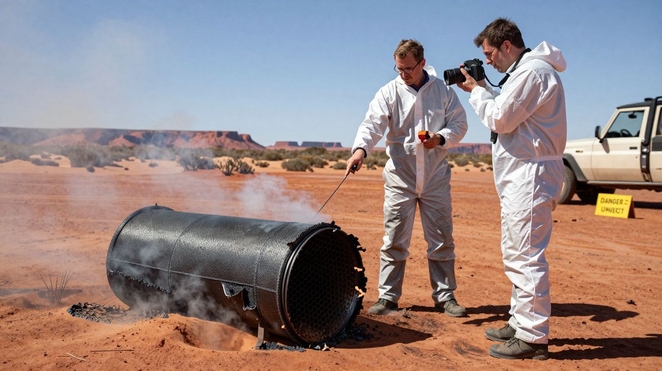 Dois homens de fato branco inspeccionam e fotografam misterioso objecto metálico fumegante num deserto.