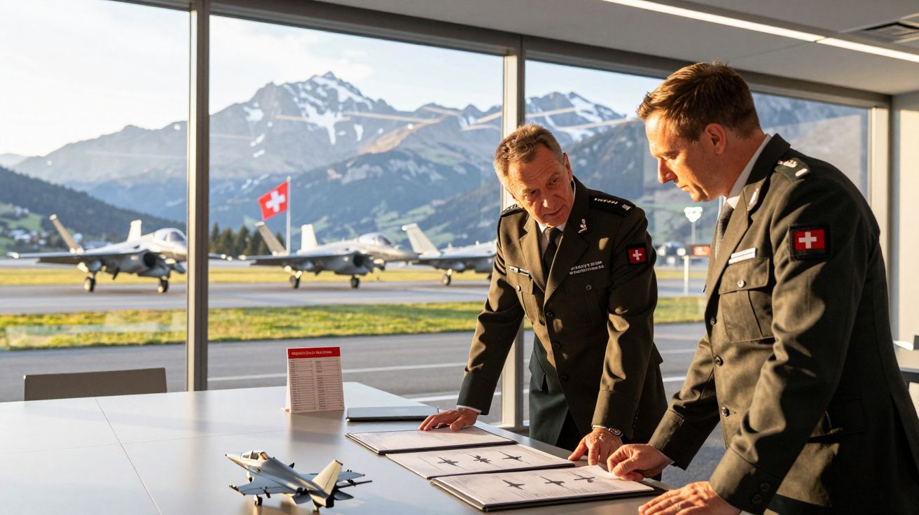 Dois militares suíços em uniforme analisam projetos de aviões numa sala com vista para caça F-18 na pista e montanhas ao fund