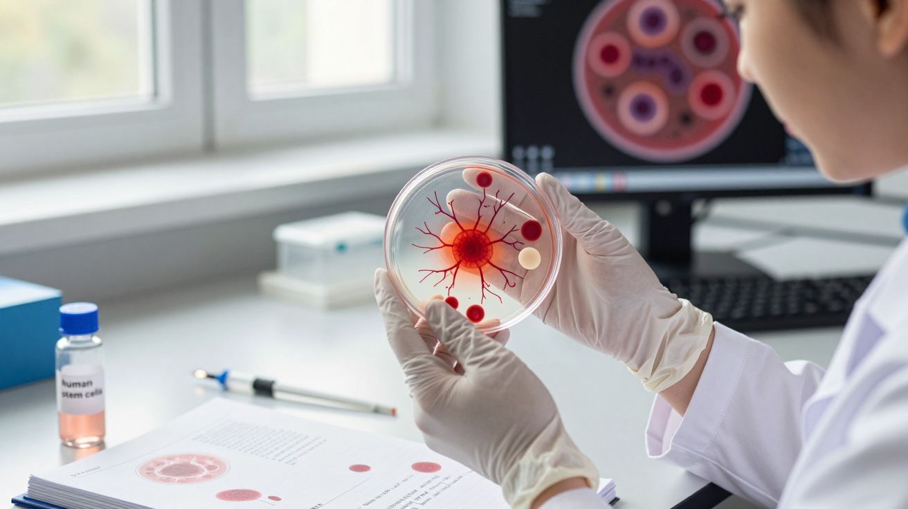 Investigador em laboratório a analisar cultura celular vermelha numa placa de Petri com luvas brancas.