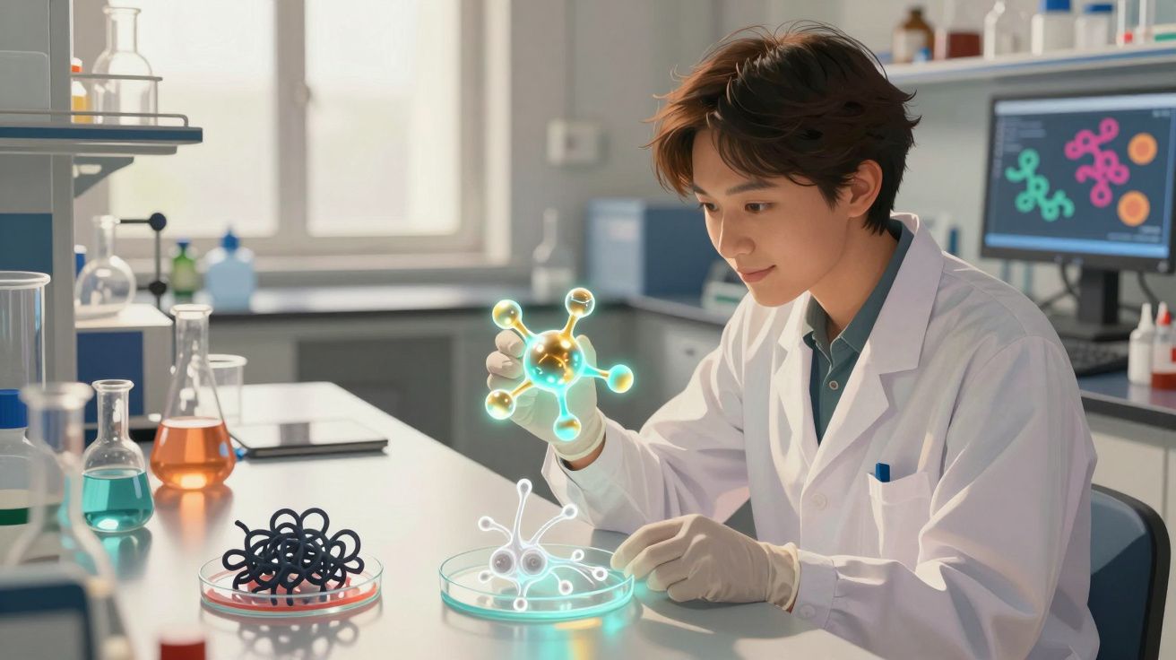 Cientista em laboratório a analisar modelos moleculares holográficos com equipamentos científicos ao redor.