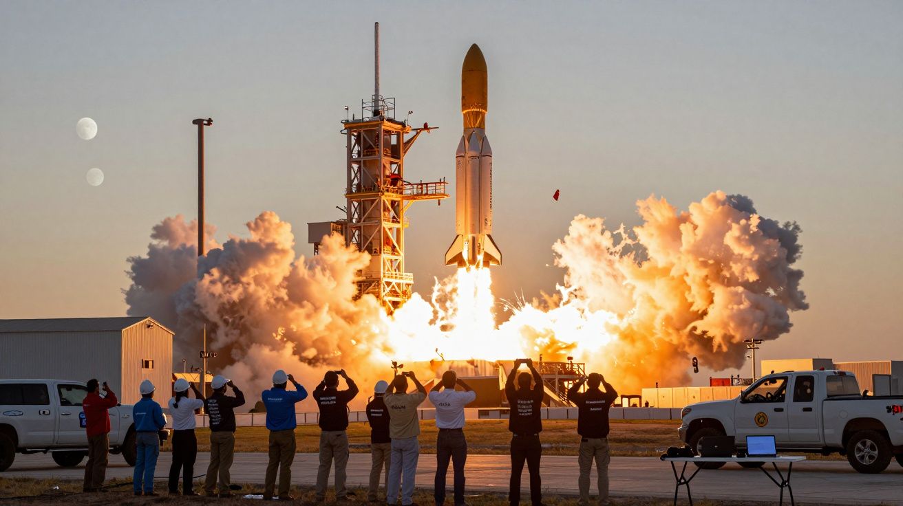 Foguete a descolar ao pôr do sol com equipa a observar e tirar fotos num espaço de lançamento.