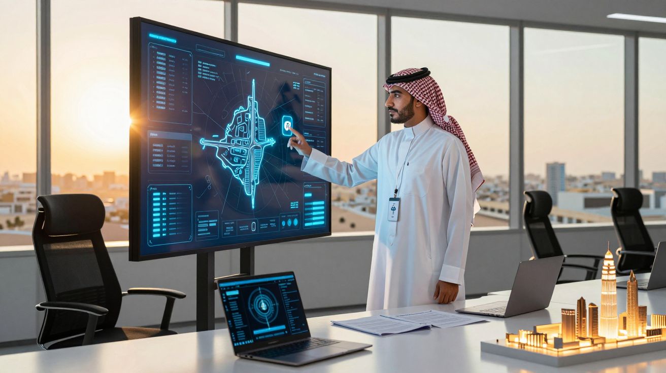 Homem árabe a interagir com ecrã digital interativo exibindo mapa num escritório moderno com vista urbana.