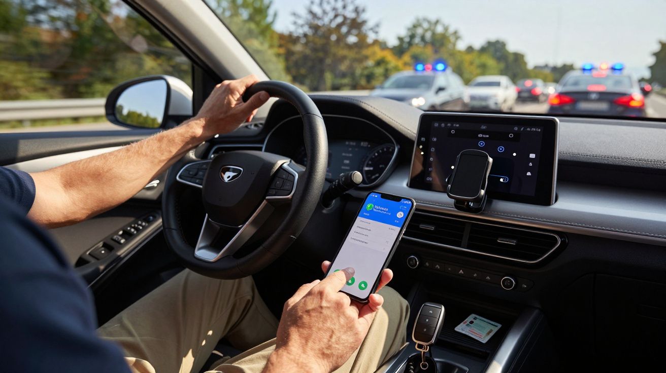 Pessoa a conduzir e a usar telemóvel dentro de carro com viaturas policiais com luzes ligadas ao fundo.